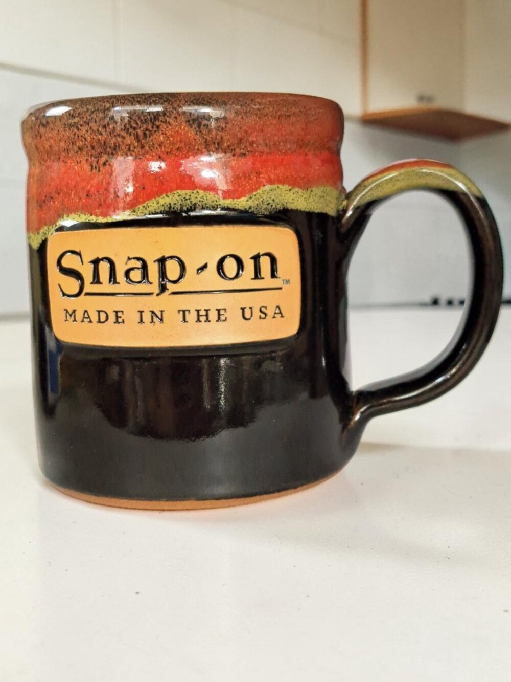 Snap-On Deneen Pottery Handmade Ceramic Coffee Mug 16 oz Red Drip Glaze USA